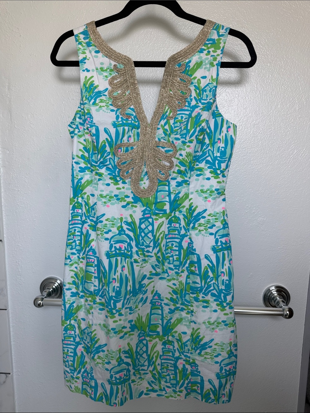 Lighthouse Tropical Print Shift Dress with Gold Trim
